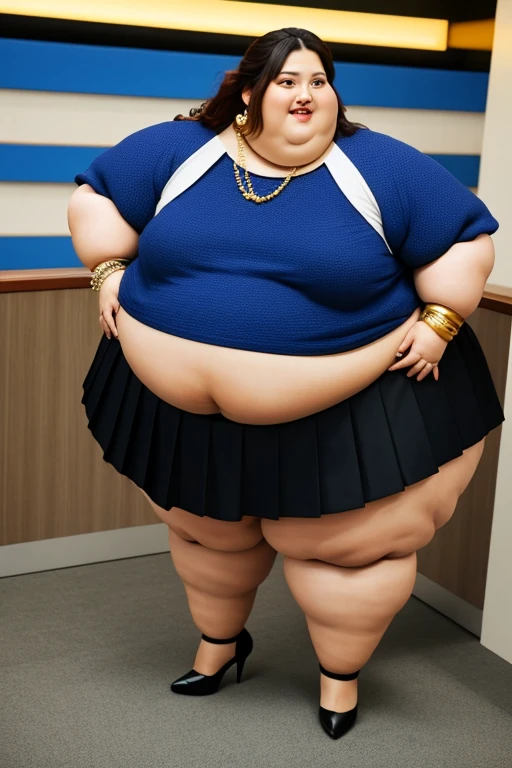 masterpiece, best quality, live action photo, 140kg extremely obese woman, large stomach, H-type miniskirt, high heel, necklace, earring, bracelet