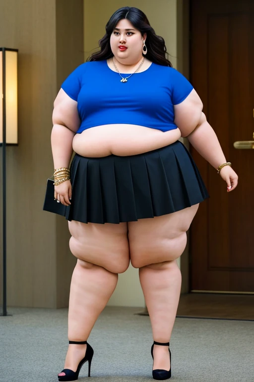 masterpiece, best quality, live action photo, 140kg extremely obese woman, large stomach, H-type miniskirt, high heel, necklace, earring, bracelet