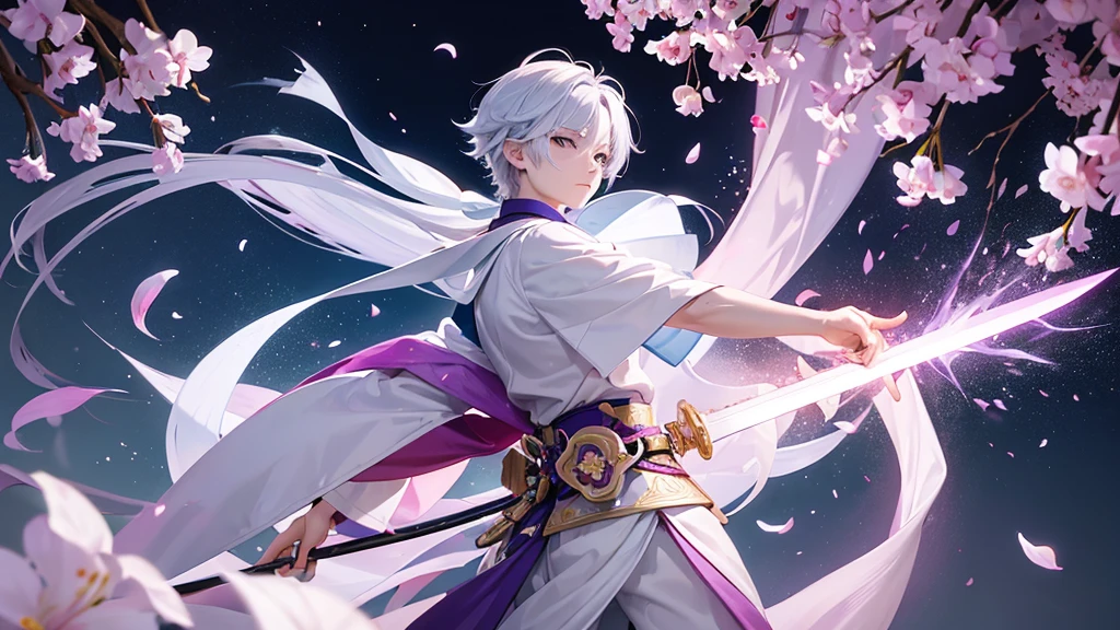 A Chinese boy who has a white hair and holding a sword wearing a white kimono with long long sleeps his kimono has a Persian painting patron and it's shiny behind him is a wall it's like a rock wall half top of the painting is surrounded by white pink purple and light blue flowers like Lily of the Valley and violets and the bottom of the painting there is so many gemstones who are pink purple and light blue the boy has a hair accessory that has a diamond shape gemstone stone that is deep red the boy hold the sword with both hand in the front of him and his pose is kind of like 3.4 of his face showing to us he's har is so long