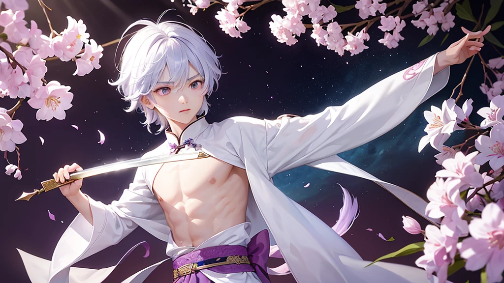 A Chinese boy who has a white hair and holding a sword wearing a white kimono with long long sleeps his kimono has a Persian painting patron and it's shiny behind him is a wall it's like a rock wall half top of the painting is surrounded by white pink purple and light blue flowers like Lily of the Valley and violets and the bottom of the painting there is so many gemstones who are pink purple and light blue the boy has a hair accessory that has a diamond shape gemstone stone that is deep red the boy hold the sword with both hand in the front of him and his pose is kind of like 3.4 of his face showing to us he's har is so long