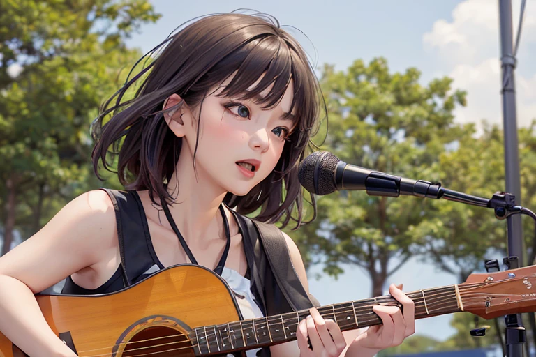 (Highest quality,8k,High resolution,masterpiece:1.2),((masterpiece,Highest quality)), 非常に詳細なHigh resolution, ((A girl in her fifties singing into a microphone while playing a synthesizer)),  (Slender body:1.5),Highly detailed skin and facial textures:1.3, Ultra detailed face, Detailed hands and fingers, Beautiful attention to detail,Beautiful lip detail,Album cover by Yokoyama Taikan, Shutterstock, realism, Perform on stage, vocalist, Live Performance, Singer-songwriter,Playing synthesizer on stage, Woman playing a synthesizer, Singer-songwriter, Photo taken with Nikon D750,Shot with Canon EOS 5D Mark IV, 