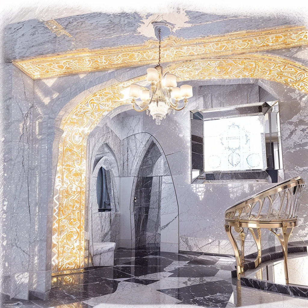 There is an 82cm x 25cm x 82cm MIRROR OF ENCHANTMENT CLASSIC on the wall which is the visual focus ，DIOR advertising style，furniture advertising graphic photography, italian castle， stucco wall,Black and white marble floor、 Italian masterpiece, Great masterpiece，Elegant