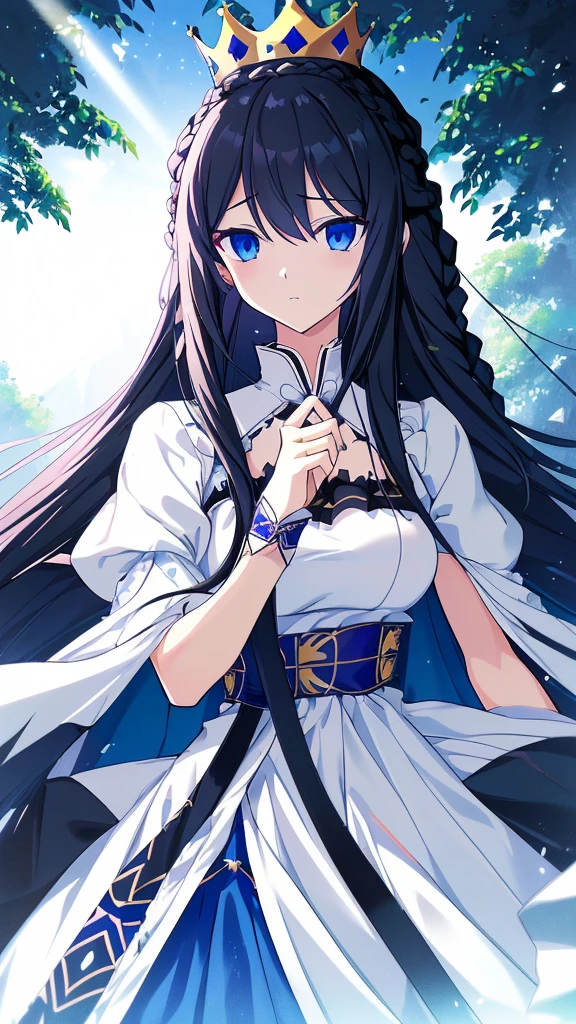 best quality, extremely detailed,anime style girl,long hair down to the waist, straight hair, ((dark black hair with bluish)),((crown braid)),beautiful detailed eyes, pinched eyes, (dark blue eyes),huge breasts,curvy,((((white main princess battle dress)))),clothing with complex patterns,cool expression,((nature)),Sunlight,((Diagonal angle)),dynamic angle