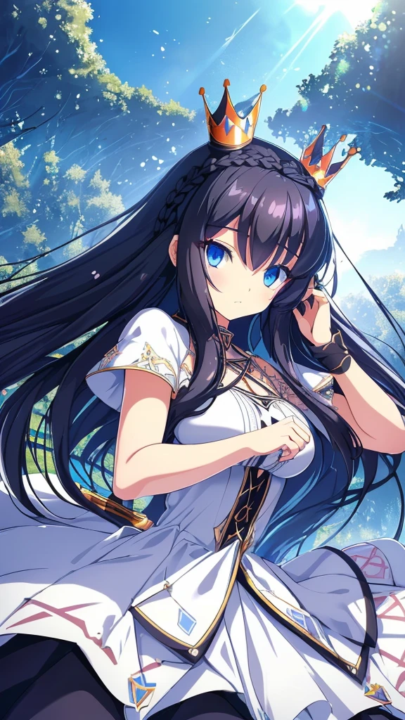 best quality, extremely detailed,anime style girl,long hair down to the waist, straight hair, ((dark black hair with bluish)),((crown braid)),beautiful detailed eyes, pinched eyes, (dark blue eyes),huge breasts,curvy,((((white main princess battle dress)))),clothing with complex patterns,cool expression,((nature)),Sunlight,((Diagonal angle)),dynamic angle