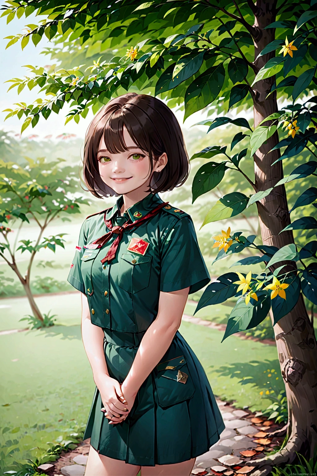 young girl smiling and looking at viewer under green park 's tree, girl in green scout uniform, anime style, beautiful detailed eyes, beautiful detailed lips, extremely detailed face, longeyelashes, 1girl, solo, full body, vivid colors, (masterpiece, best quality)