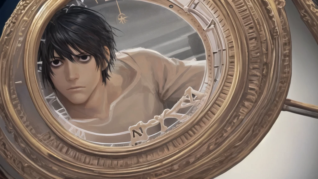 1 boy, man, perfect anatomy, mesmerizing black eyes, 8k resolution, (one person), (realism: 1.2), (masterpiece: 1.2), (cowboy frame: 1.2), dark romantic lighting, (high detail: 1.2), (detailed face: 1.2), (gradients), bright detailed eyes, (natural light: 1.2), solo, indoors, perfect lighting, perfect facial features, perfect angle, perfectly drawn eyes, man, skinny, serious expression, around a lot of clocks, a maze