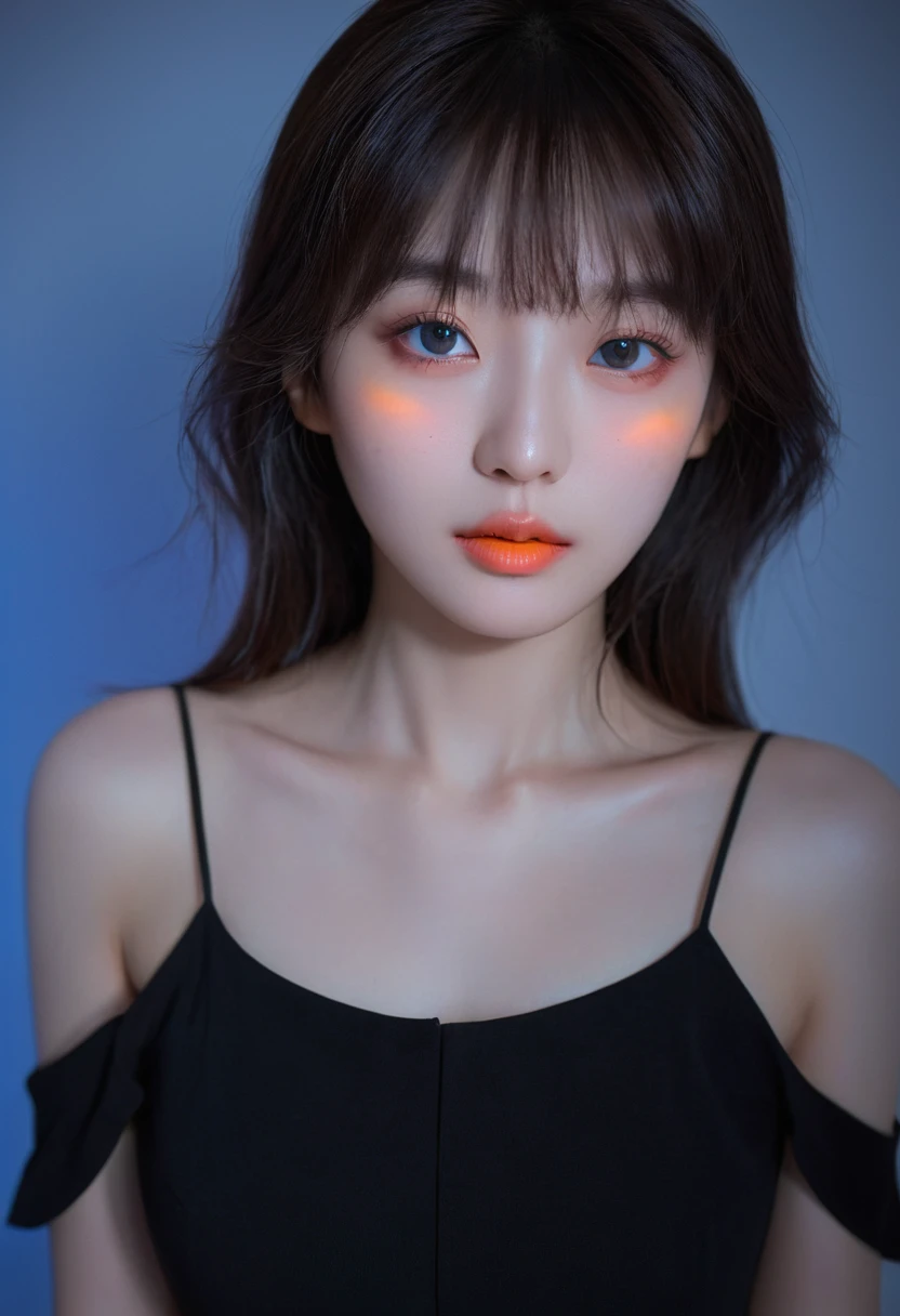 (Upper Body:1.5),8k, Highest quality, 1people々, (Skin dents), night, (dark), Indoor transparent background, (people々々), Beautiful Bangs, Nice,, (Clothing and:1.3),Soft lighting, charm, dark Room, (Shut your mouth.:1.2, Beautiful Eyes, Delicate eyes, Detailed Iris, Beautiful Lips, Beautiful Nose, Pretty face),(primary color:1.5),(Zhou Haoguang:1.5),(Neon Light:1.8),(Radioluminescence:1.8),Wearing a black mask