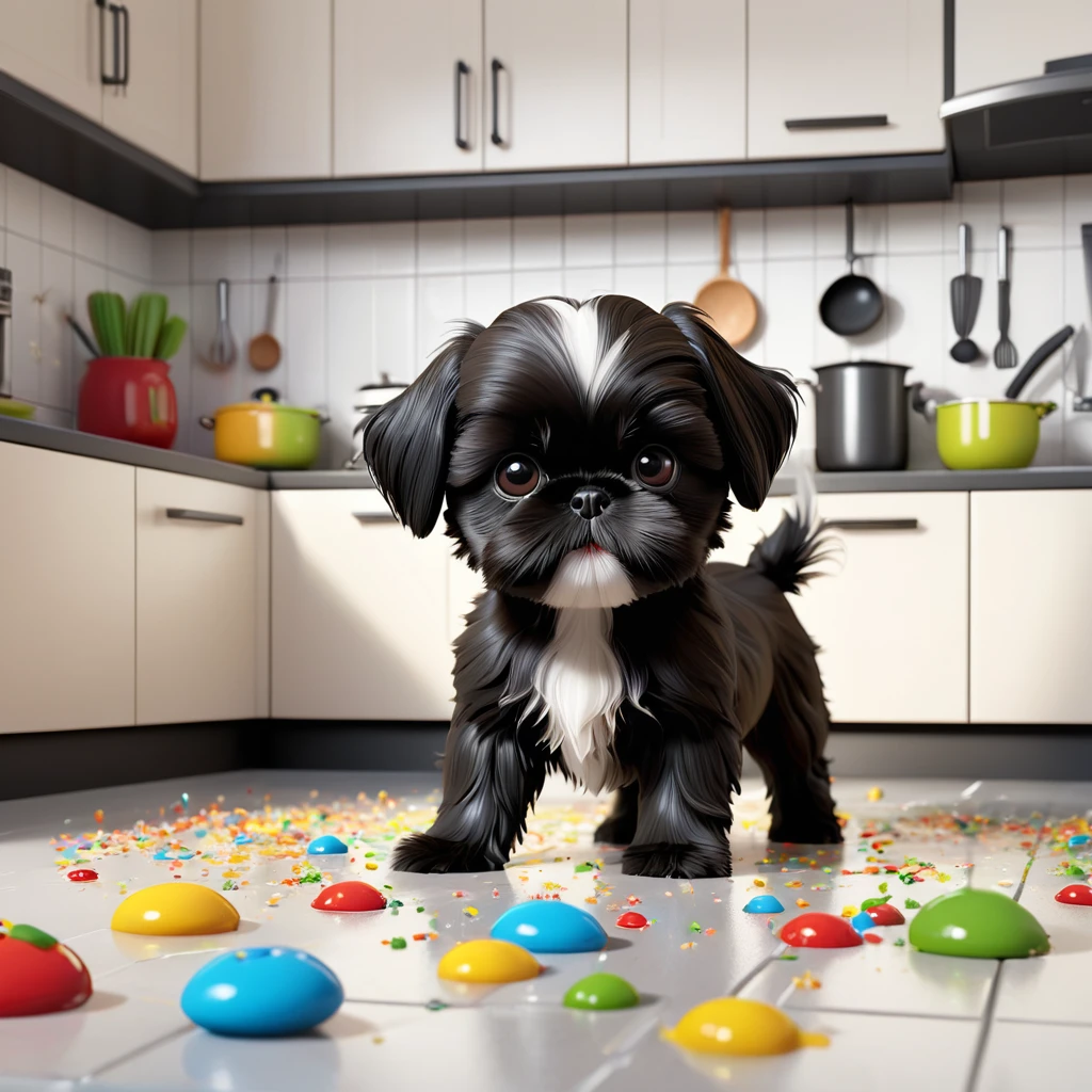 a small black shih tzu puppy,adorable shih tzu puppy,shih tzu puppy playing,mischievous shih tzu puppy,shih tzu puppy making a mess,disney kitchen interior,disney kitchen 3d scene,3d cartoon,3d render,disney pixar style,cute and playful,extremely detailed,high quality 3d,best quality,4k,8k,highres,masterpiece:1.2,ultra-detailed,realistic,photorealistic,photo-realistic:1.37,vivid colors,soft lighting,cute expression