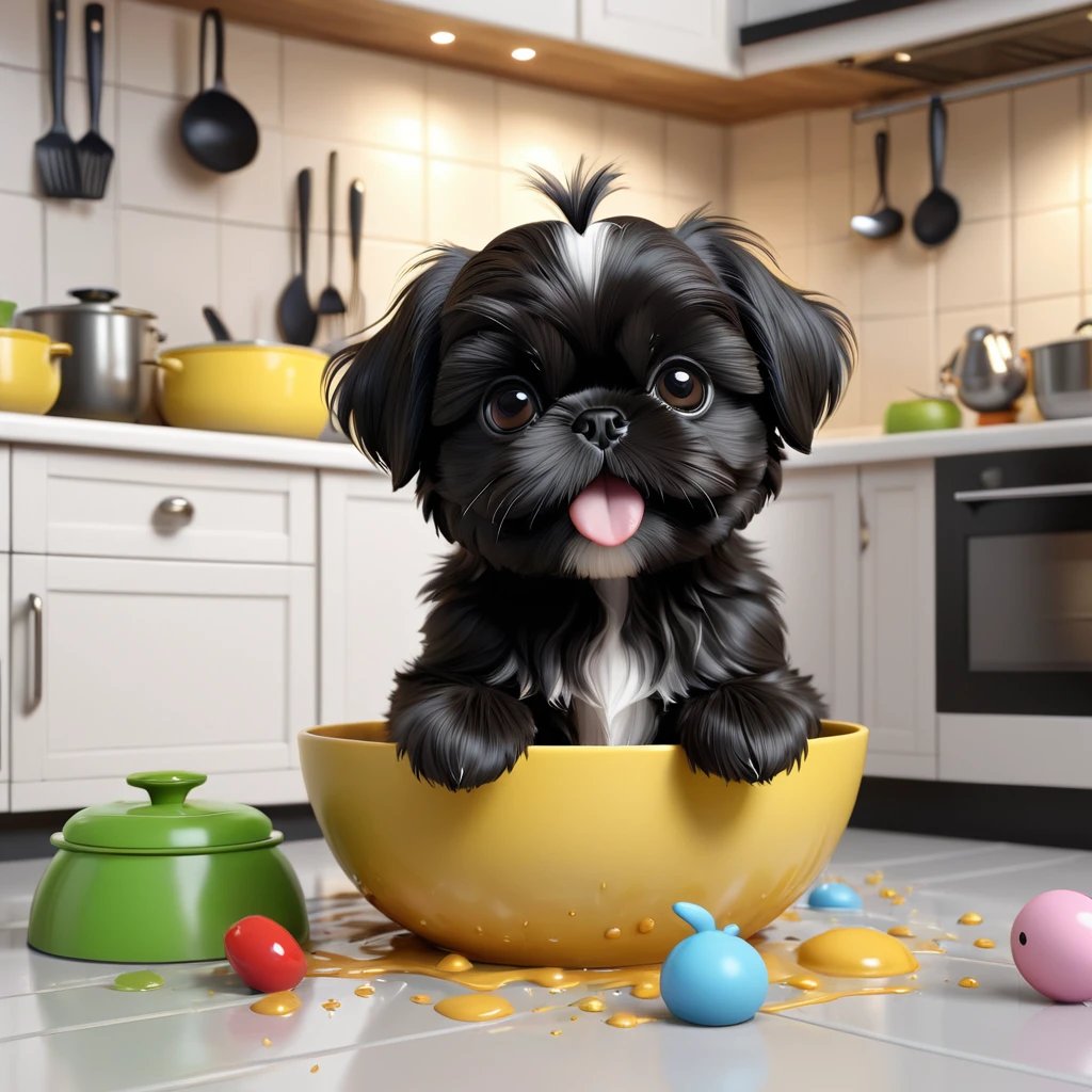 a small black shih tzu puppy,adorable shih tzu puppy,shih tzu puppy playing,mischievous shih tzu puppy,shih tzu puppy making a mess,disney kitchen interior,disney kitchen 3d scene,3d cartoon,3d render,disney pixar style,cute and playful,extremely detailed,high quality 3d,best quality,4k,8k,highres,masterpiece:1.2,ultra-detailed,realistic,photorealistic,photo-realistic:1.37,vivid colors,soft lighting,cute expression