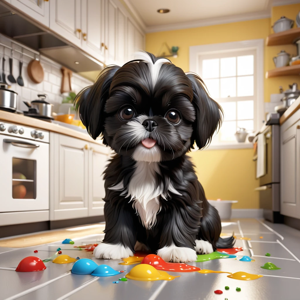 a small black shih tzu puppy,adorable shih tzu puppy,shih tzu puppy playing,mischievous shih tzu puppy,shih tzu puppy making a mess,disney kitchen interior,disney kitchen 3d scene,3d cartoon,3d render,disney pixar style,cute and playful,extremely detailed,high quality 3d,best quality,4k,8k,highres,masterpiece:1.2,ultra-detailed,realistic,photorealistic,photo-realistic:1.37,vivid colors,soft lighting,cute expression