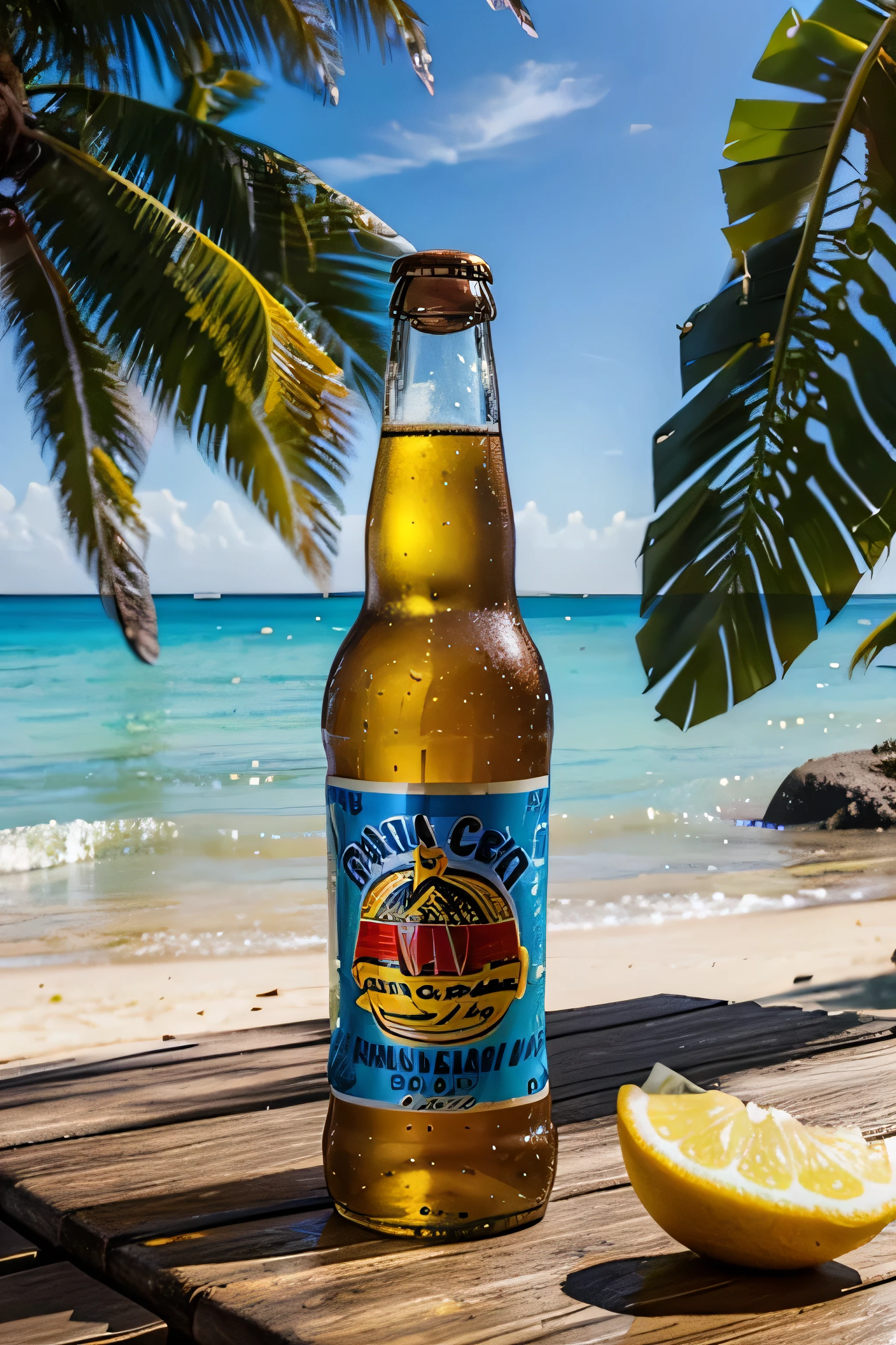 tropical beach with a corona beer bottle in the foreground with its lemon cut into the beer spout