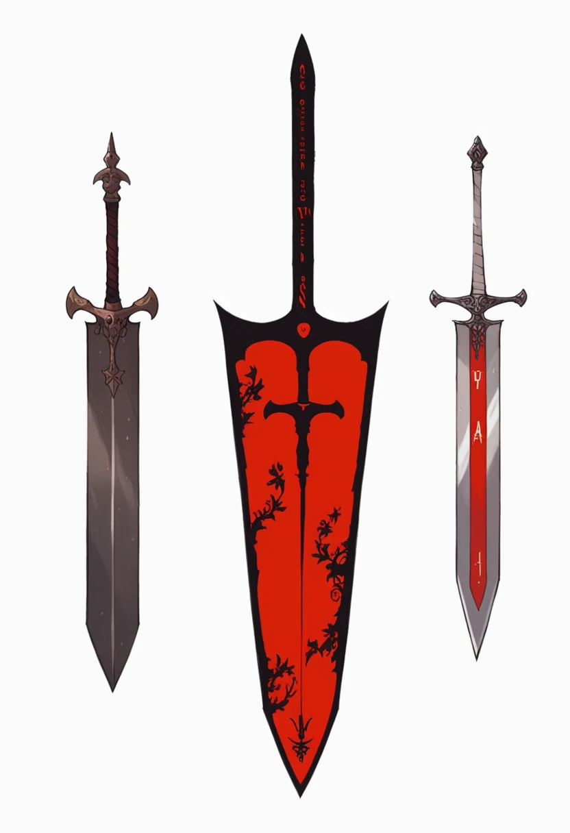 there are two different types of swords with red paint on them, black and red fantasy sword, sword design, swords, metal swords, swords drawn, fantasy sword of warrior, medieval sword, many swords, medieval weapon, multiple floating swords, sword, daggers, tarot swords, fantasy sword, style of ghost blade, beautiful sword, an evil sword, sword and shield