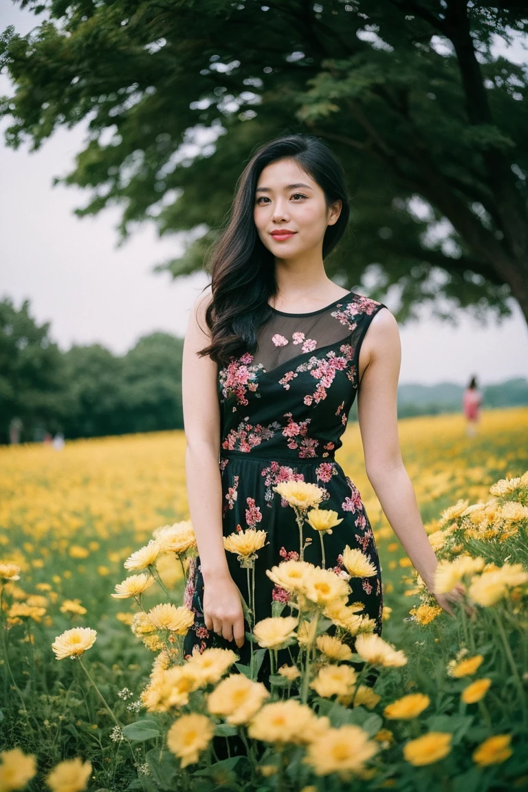 Happy is standing in a beautiful field of flowers, with colorful flowers everywhere, perfect lighting, using a Leica Summicron 35mm f2.0 lens, Kodak Portra 400 film, and film grain.