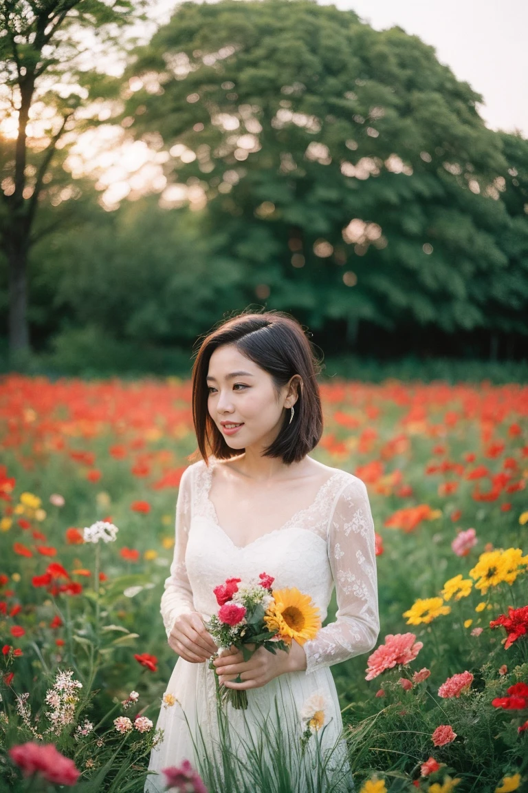 Happy is standing in a beautiful field of flowers, with colorful flowers everywhere, perfect lighting, using a Leica Summicron 35mm f2.0 lens, Kodak Portra 400 film, and film grain.