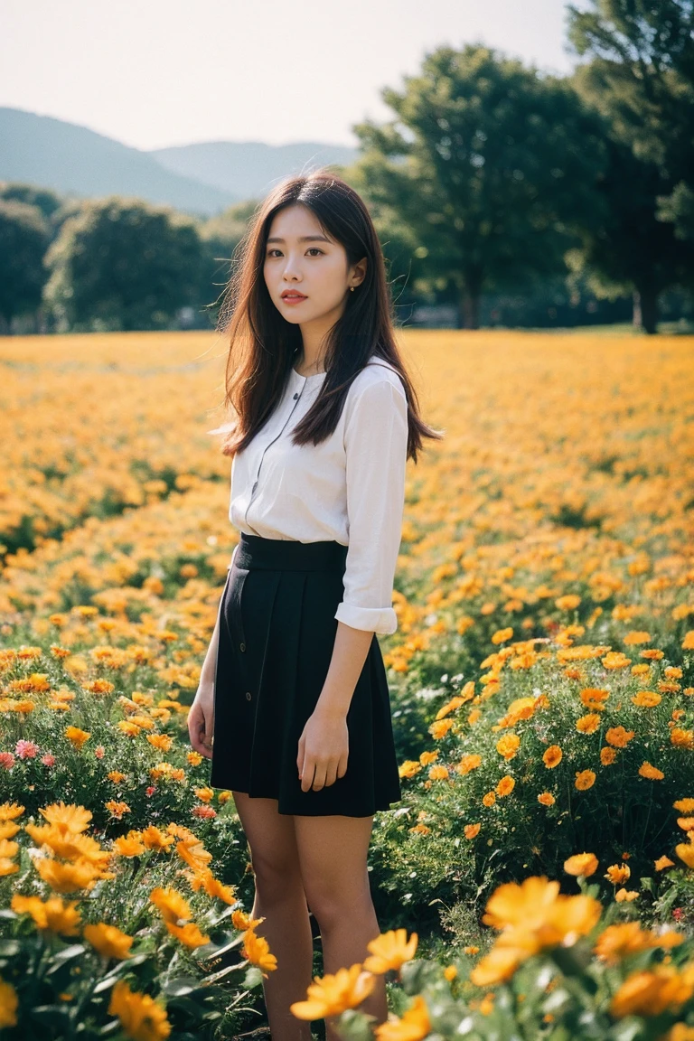 Happy is standing in a beautiful field of flowers, with colorful flowers everywhere, perfect lighting, using a Leica Summicron 35mm f2.0 lens, Kodak Portra 400 film, and film grain.