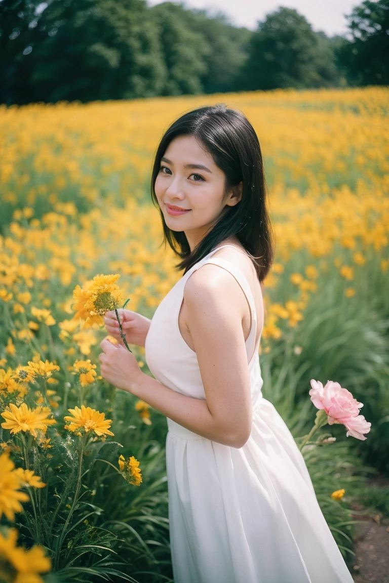 Happy is standing in a beautiful field of flowers, with colorful flowers everywhere, perfect lighting, using a Leica Summicron 35mm f2.0 lens, Kodak Portra 400 film, and film grain.