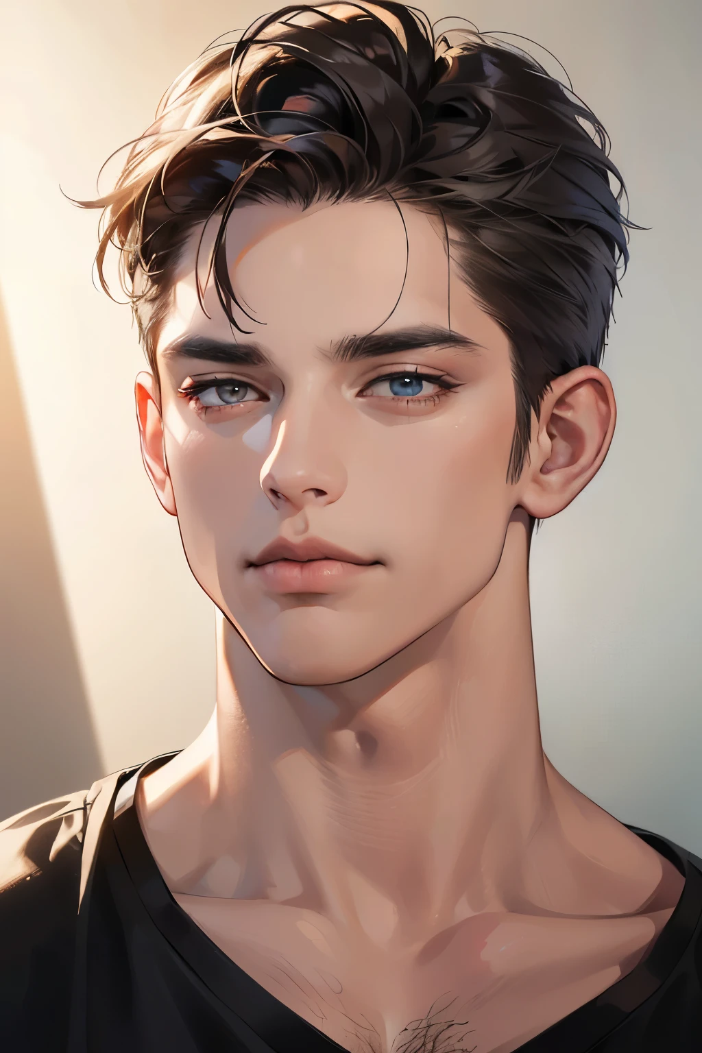 (Best quality,4K,8K,a high resolution,masterpiece:1.2),ultra detailed,(realistic,photorealistic,photo-realistic:1.37),39 year old man,Beautiful anime,portraits,strong,masculine,dark hair,Sharp jawline,Mesmerizing eyes,Perfectly styled hair,confident expression,bright colors,dynamic lighting,Brown eyes,(Black T-shirt),(dark skin),((mature man, man 40 years old)), (square jaw)