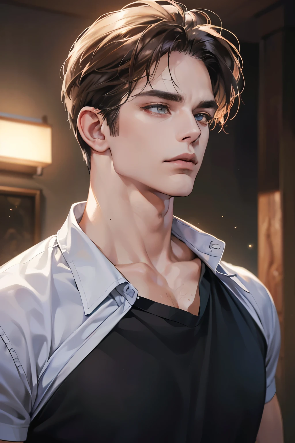 (Best quality,4K,8K,a high resolution,masterpiece:1.2),ultra detailed,(realistic,photorealistic,photo-realistic:1.37),39 year old man,Beautiful anime,portraits,strong,masculine,dark hair,Sharp jawline,Mesmerizing eyes,Perfectly styled hair,confident expression,bright colors,dynamic lighting,Brown eyes,(Black T-shirt),(dark skin),((mature man, man 40 years old)), (square jaw)