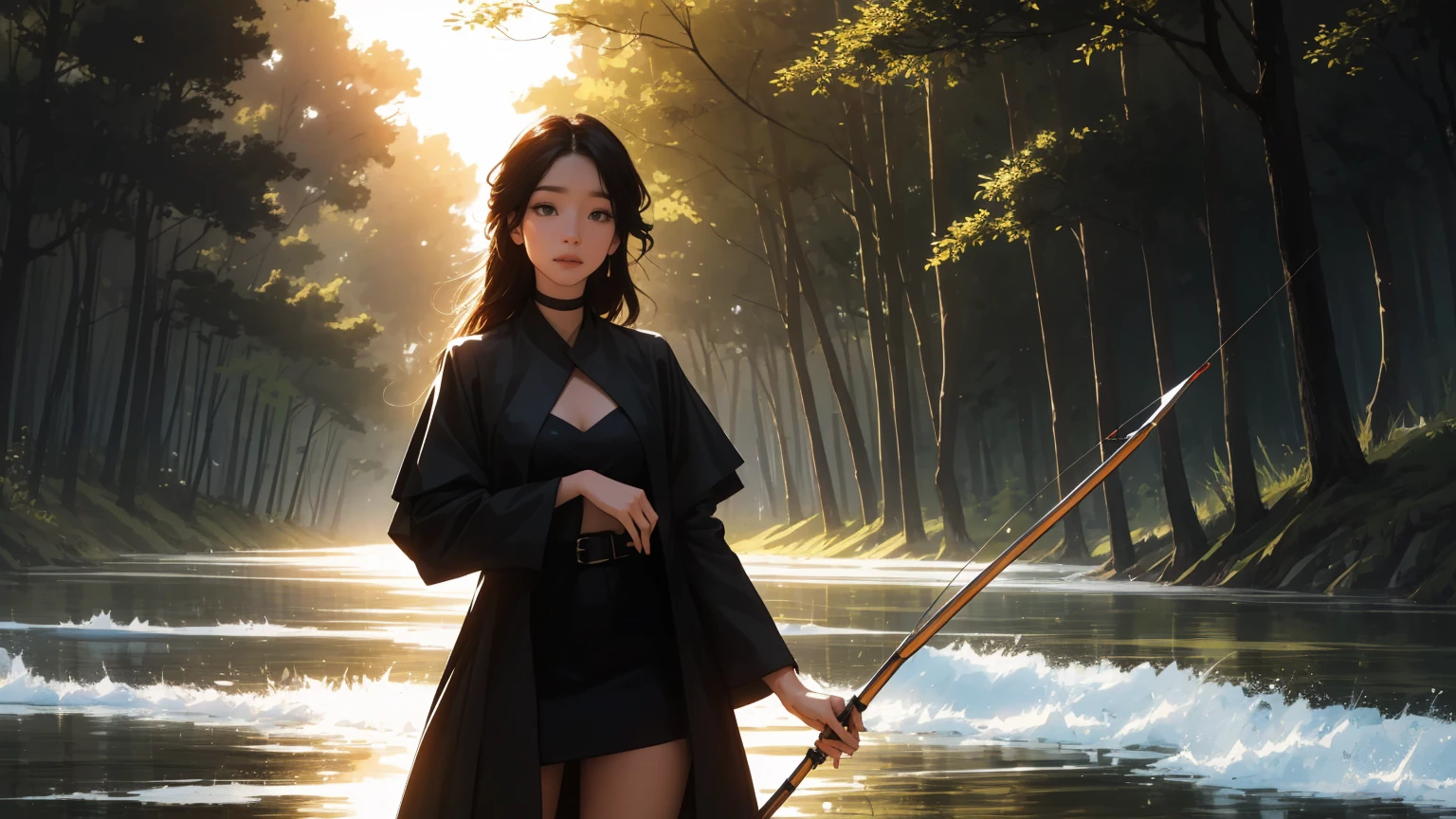 masterpiece, Best quality, 1 girl,((​masterpiece)), (best quality),, Natural river in ancient forest, mirror reflection on the river, naked lady, gorgeous beautiful face, stripped with leaves and splashes of water, black makeup and black lipstick, dark atmosphere, Concept art by Vadim Kashin, Artgerm, Bow is on her back, Stack of arrows, Archer, shy, short, Full body view, Single person, only Single person in image, Full body view, Spiritual peace, golden ratio composition, cowboy shot, brilliant, brilliant hair, (night:1.2),Dreamy, [[gentle fingers and hands:0.55]::0.85],(detailed fingers),),(emotional),(breathtaking),(main part:1.2) whole body.), (Anime Style), (Super Detailed), (brutal), (uhd, HDR), (8k), (High Resolution: 1.2), (Complex and Beautiful: 1.2)
