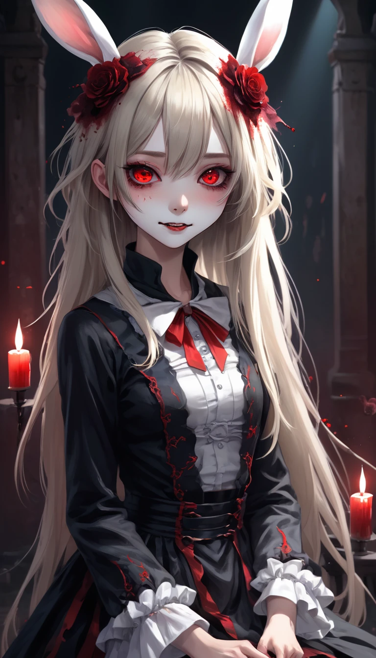 masterpiece, Highest quality, High resolution,(Highest quality,4K,High resolution,masterpiece:1.2),Very detailed,Realistic:1.37,masterpiece, Highest quality, Exquisitely crafted, woman, beautiful, elegant, smile, Blood, iridescent Long Hair, bangs, skirt, shirt, Long sleeve, Frills, shoes, (Red and Black:1.4), flower, spooky, Horror, 頭蓋Bones, Long Hair, Black Hair, Candles, Blood, hair flower, Dead, hair ornaments, Bone, doll, 頭蓋Bone, skeleton, Horror (theme),spooky altar background,Dark fantasy,Red color scheme,Ominous atmosphere,eyeを引く,Storytelling,anatomy,Anime Style,Concept Art,beautiful細部までこだわった顔と (((赤いeye ))),A terrifying ritual ,Satanic Ritual,Premature death,Misconduct,クレイジーなsmile,Scythe Face,Girl Monster, beautiful, Delicate facial features, 鋭いeye, Sharp Fangs, 青White skin, blonde,robot,Cursed Painting, Dark Background, Cinema Lighting, Dramatic Shadows, Gothic style, Gloomy atmosphere, Dark fantasy, One Girl, , Please open your mouth wide, Open your mouth and baring your teeth,Sharp teeth like a beast, Wide lips, very wide mouth, Vermilion cheeks, ,(Bloodしぶき:1.4),Scary smile, smile,Fallen angel design, ねじれたsmile、Bloodまみれの、頭からの出Blood,、Bloodしぶき、,(Bloodしぶき:1.4),Crossbones, 頭蓋Bone,Horror 一人の男の子, Cream colored hair, Gray Hair, Pearly hair, nice boy, Bunny ears, Loose-fitting clothing, Larger clothes, dark red eye, eyeの下のたるみ, dark circles under eye, やみcute, Fluffy hair, Voluminous Hair, skinny, slim, very skinny, Androgynous, cute, spooky, short hair, Horror, Faded colors, White skin, spooky, Unnaturally thin, I&#39;m hungry, eye, eye in background, sharp eye, Long eyelashes, Under the eyelashes, Loose shorts, レースshirt, Frillsshirt, Tie the ribbon&#39;head, Detailed clothing, A loose cardigan, Open cardigan, 滴るBlood, that&#39;terrible, nightmare, Haunted, stitch, patchwork, string, Injury, hell, Injury on arms, self-harm, cut, Black Fingers, factory, Abandoned, A dismembered ghost,Many heads,Many heads,Lots of faces,Multiple faces,Multiple Girls,Frolicking Girl,複数のwoman,tea ,クレイジーなsmile,look up,Face shot,Scythe Face,Girl Monster, slave,beautiful, Detailed portrait, Delicate facial features, 鋭いeye, Sharp Fangs, 青White skin, Thick chain, Dark Background, Cinema Lighting, Dramatic Shadows, Gothic style, Gloomy atmosphere, Dark fantasy, One Girl, , Please open your mouth wide, Open your mouth and baring your teeth,Sharp teeth like a beast, Wide lips, very wide mouth, Vermilion cheeks, ,(Bloodしぶき:1.6),Scary face, Laughter　Witch design, ねじれたsmile、Bloodまみれの、頭からの出Blood,,、Bloodしぶき、,(Bloodしぶき:1.6),Crossbones, 頭蓋Bone,　, Horrorスタイル, ((Fantasy Witch Costume)), ((Flowing white hair)), ,(Bloodしぶき:1.6),womanの曲線, Large Breasts, Thick thighs, Sexy flat stomach, Perfect hands, Perfect anime face, ((dark lolita dress)), Are standing, ((邪悪なsmile)), ,(Bloodしぶき:1.6),Victorian cities, gaslight, Steam circulates, Moonlight Illumination, night lighting, A sky filled with stars and galaxies,disaster々new devil horns,,(Bloodしぶき:1.6),アニメゾンビWitch design, ねじれたsmile、Bloodまみれの、頭からの出Blood,,、Bloodしぶき、,(Bloodしぶき:1.6),Crossbones, 頭蓋Bone,,Photo Background,Wide Shot,Scythe Face,Girl Monster, slave,beautiful, Detailed portrait, Delicate facial features, 鋭いeye, Sharp Fangs, 青White skin, Thick chain, Dark Background, Cinema Lighting, Dramatic Shadows, Gothic style, Gloomy atmosphere, Dark fantasy, One Girl, , Please open your mouth wide, Open your mouth and baring your teeth,Sharp teeth like a beast, Wide lips, very wide mouth, Vermilion cheeks, ,(Bloodしぶき:1.6),Scary face, Laughter　Witch design, ねじれたsmile、Bloodまみれの、頭からの出Blood,,、Bloodしぶき、,(Bloodしぶき:1.6),Crossbones, 頭蓋Bone,　, Horrorスタイル,