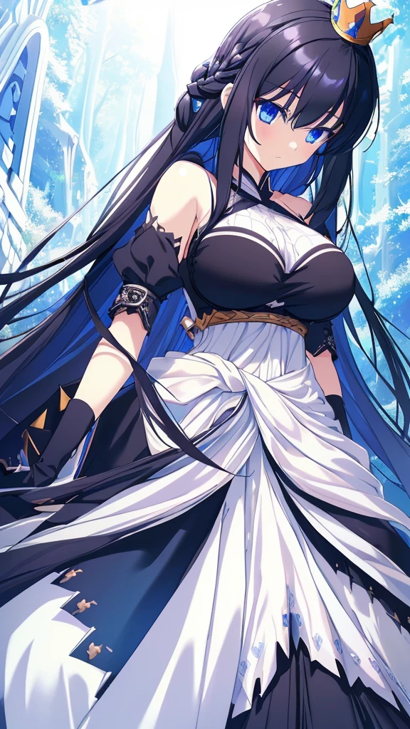 best quality, extremely detailed,anime style girl,long hair down to the waist, straight hair, ((dark black hair with bluish)),((crown braid)),beautiful detailed eyes, pinched eyes, (dark blue eyes),huge breasts,curvy,((((white main princess battle dress)))),clothing with complex patterns,cool expression,((nature)),Sunlight,((Diagonal angle)),dynamic angle