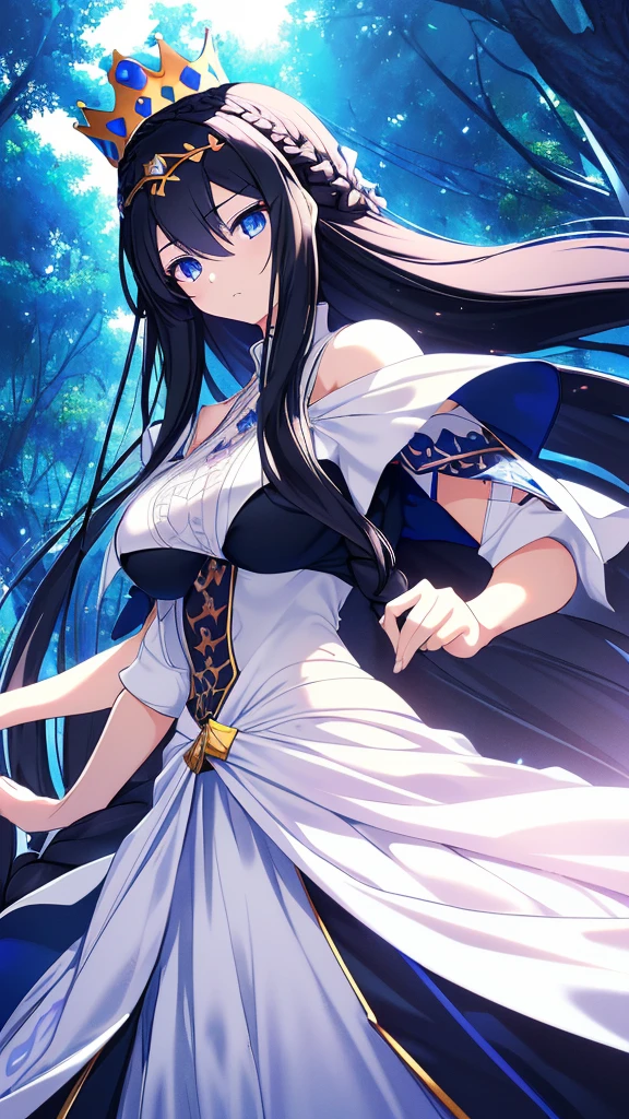 best quality, extremely detailed,anime style girl,long hair down to the waist, straight hair, ((dark black hair with bluish)),((crown braid)),beautiful detailed eyes, pinched eyes, (dark blue eyes),huge breasts,curvy,((((white main princess battle dress)))),clothing with complex patterns,cool expression,((nature)),Sunlight,((Diagonal angle)),dynamic angle