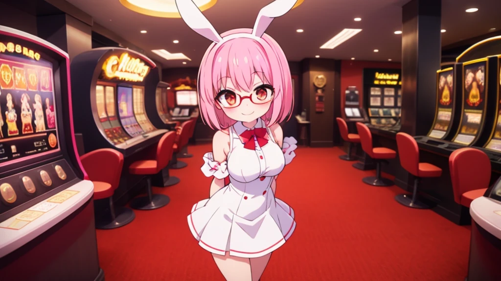solo,whole body,Standing position right,Light pink hair,Bob Hair,Red Glasses,Bunny girl,casino,smile,Big Breasts,cute,