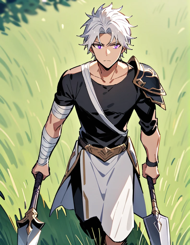 Greek boy with shoulder-length long white hair, violet eyes, one arm covered in bandages, equipped with a spear, wearing silver shoulder pads and a black shirt, walking in a field of grass