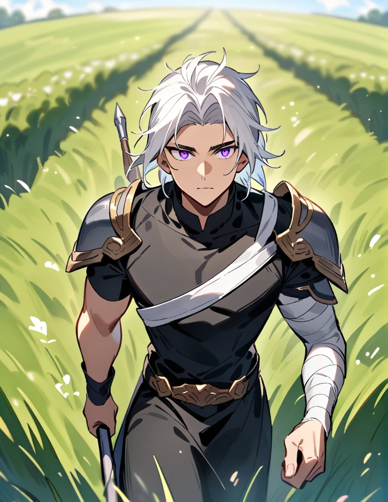 Greek boy with shoulder-length long white hair, violet eyes, one arm covered in bandages, equipped with a spear, wearing silver shoulder pads and a black shirt, walking in a field of grass