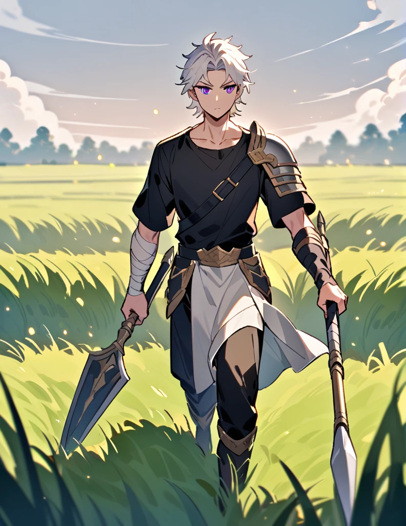 Greek boy with shoulder-length long white hair, violet eyes, one arm covered in bandages, equipped with a spear, wearing silver shoulder pads and a black shirt, walking in a field of grass