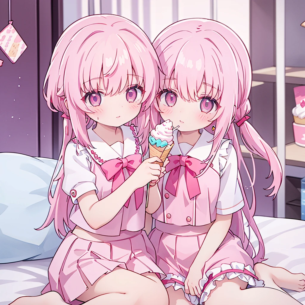 1girl,while holding an icecream, pink hair, pink eyes with love, detailed eyes, straight hair, straight bangs, shiny hair,red bowtie,purple skirt,purple shirt,pleated skirt,short sleeves,looking at the viewer, high-definition,masterpiece,best quality, masterpiece, best quality, high resolution, aabeta, double, sitting on a pink white bed, slim waist, cute, sailor uniform, super close up selfie  (PastelColors: 1.3)