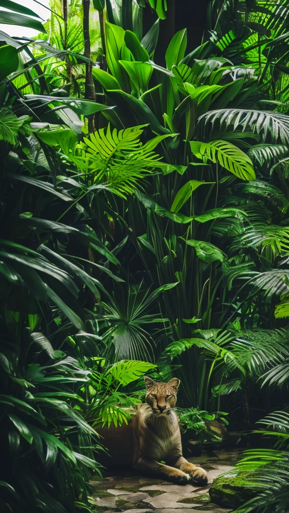 A photorealistic puma in the lush jungle, (best quality,4k,8k,highres,masterpiece:1.2),ultra-detailed,(realistic,photorealistic,photo-realistic:1.37),HDR,UHD,studio lighting,extreme detail description,professional,vivid colors,bokeh,wildlife,feline,predator,fierce,powerful,alert,on the prowl,dense foliage,tropical plants,sunlight filtering through leaves,moody atmosphere