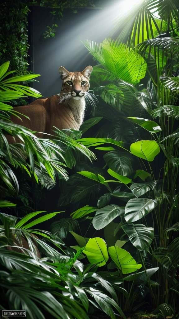 A photorealistic puma in the lush jungle, (best quality,4k,8k,highres,masterpiece:1.2),ultra-detailed,(realistic,photorealistic,photo-realistic:1.37),HDR,UHD,studio lighting,extreme detail description,professional,vivid colors,bokeh,wildlife,feline,predator,fierce,powerful,alert,on the prowl,dense foliage,tropical plants,sunlight filtering through leaves,moody atmosphere