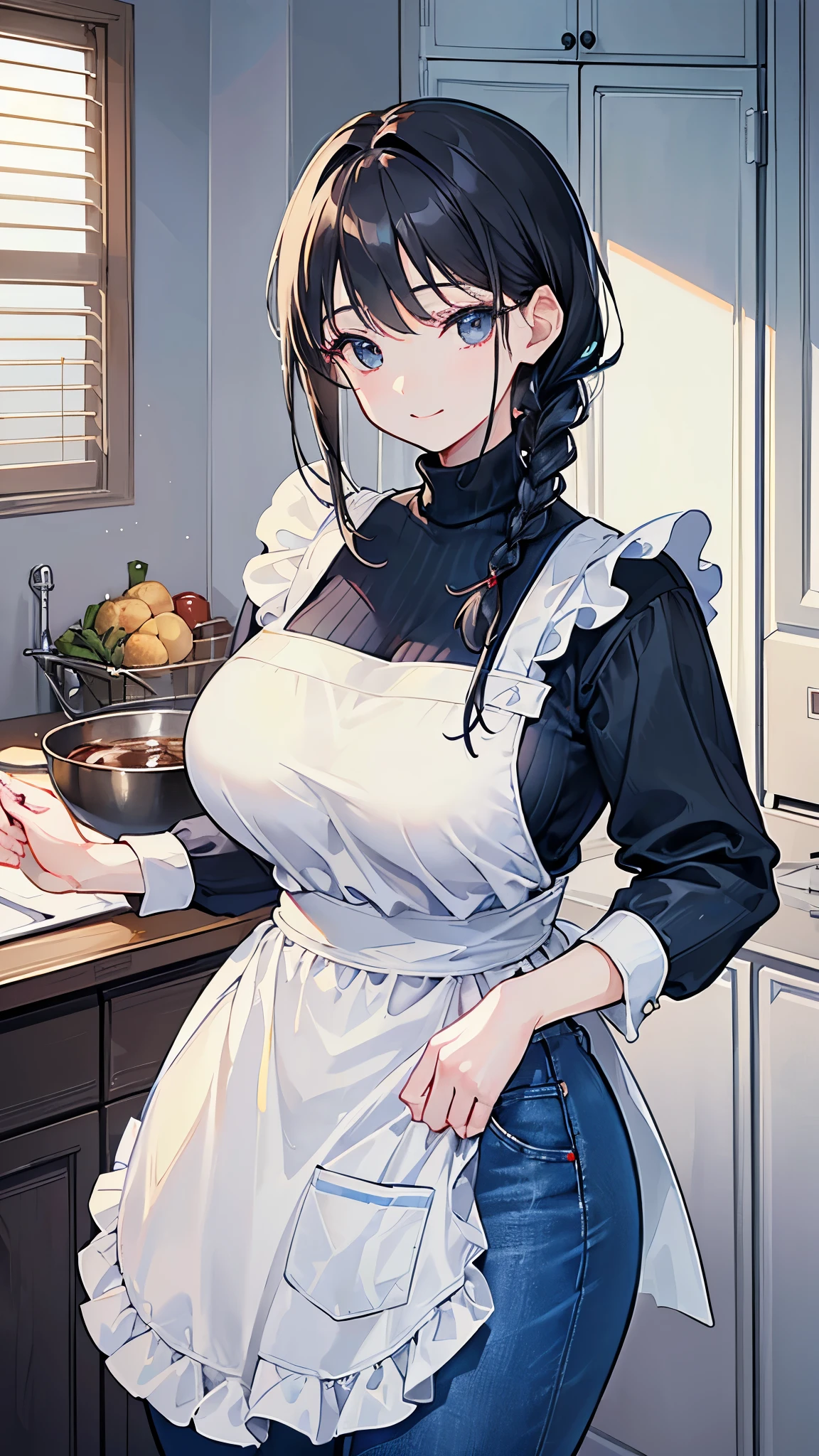 (masterpiece、Highest quality、Very detailed))、One mature woman、Black Hair、single braid、Grey Eyes、smile、((Very large breasts))、((light blue turtleneck))、((apron))、((Thick waist))、((denim pants))、Cowboy Shot、Kitchen Background