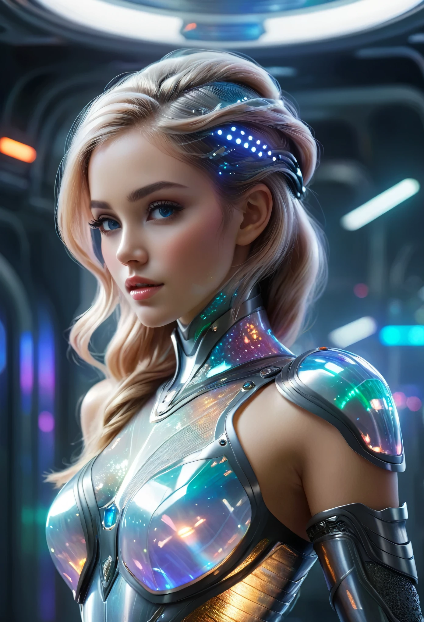 (best quality,4k,highres,masterpiece:1.2),ultra-detailed,(realistic,photorealistic:1.37), 1 extraordinarily beautiful android princess, (sci-fi futuristic transparent armor:1.7), extraordinarily sexy, expressive, seductive face, ral-opal, (whole body:1.2), (full body, standing on a spaceship:1.4), cameltoe, beautiful detailed eyes, beautiful detailed lips, extremely detailed face and eyes, long eyelashes, hkstyle, hair updo, HDR, UHD, studio lighting, ultra-fine painting, sharp focus, physically-based rendering, extreme detail description, professional, vivid colors, bokeh, sci-fi, concept art, hair band, (transparent:1.4) beautiful long legs, beautiful thighs, seductive posing, erotic posing, ((Put both of her hands behind her head:1.4))