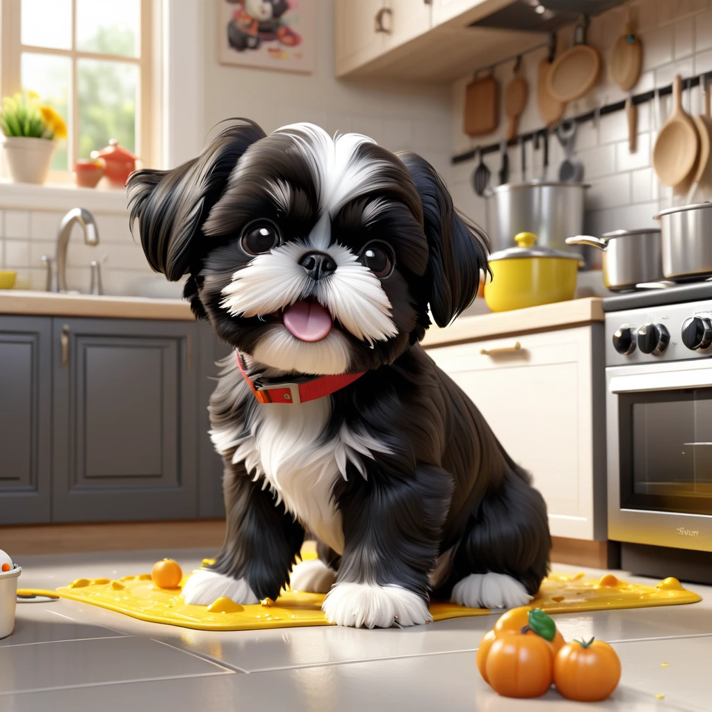 a small black shih tzu puppy,adorable shih tzu puppy,shih tzu puppy playing,mischievous shih tzu puppy,shih tzu puppy making a mess,disney kitchen interior,disney kitchen 3d scene,3d cartoon,3d render,disney pixar style,cute and playful,extremely detailed,high quality 3d,best quality,4k,8k,highres,masterpiece:1.2,ultra-detailed,realistic,photorealistic,photo-realistic:1.37,vivid colors,soft lighting,cute expression