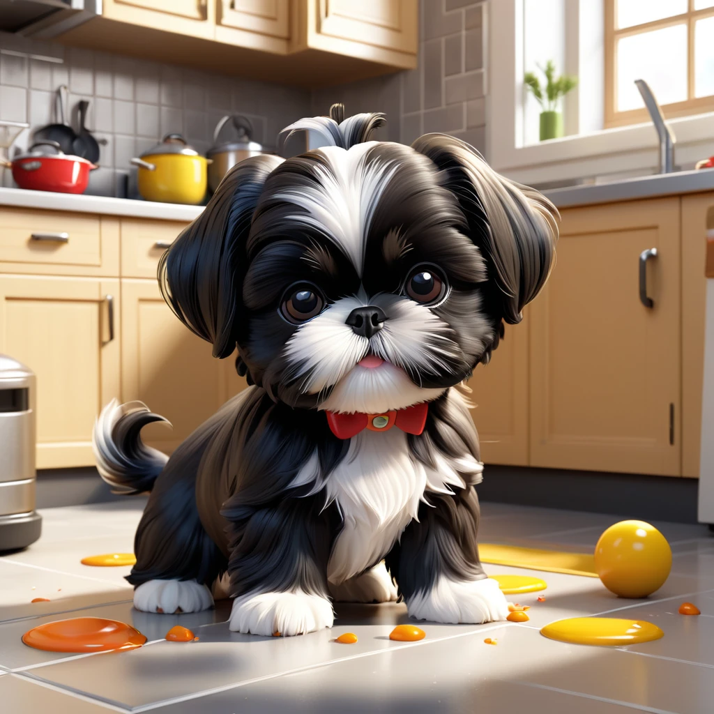 a small black shih tzu puppy,adorable shih tzu puppy,shih tzu puppy playing,mischievous shih tzu puppy,shih tzu puppy making a mess,disney kitchen interior,disney kitchen 3d scene,3d cartoon,3d render,disney pixar style,cute and playful,extremely detailed,high quality 3d,best quality,4k,8k,highres,masterpiece:1.2,ultra-detailed,realistic,photorealistic,photo-realistic:1.37,vivid colors,soft lighting,cute expression