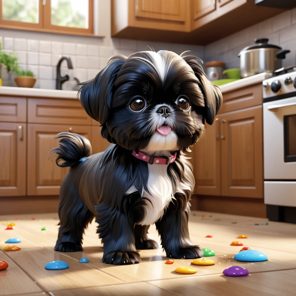 a small black shih tzu puppy,adorable shih tzu puppy,shih tzu puppy playing,mischievous shih tzu puppy,shih tzu puppy making a mess,disney kitchen interior,disney kitchen 3d scene,3d cartoon,3d render,disney pixar style,cute and playful,extremely detailed,high quality 3d,best quality,4k,8k,highres,masterpiece:1.2,ultra-detailed,realistic,photorealistic,photo-realistic:1.37,vivid colors,soft lighting,cute expression