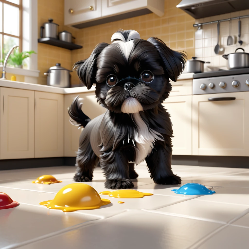 a small black shih tzu puppy,adorable shih tzu puppy,shih tzu puppy playing,mischievous shih tzu puppy,shih tzu puppy making a mess,disney kitchen interior,disney kitchen 3d scene,3d cartoon,3d render,disney pixar style,cute and playful,extremely detailed,high quality 3d,best quality,4k,8k,highres,masterpiece:1.2,ultra-detailed,realistic,photorealistic,photo-realistic:1.37,vivid colors,soft lighting,cute expression