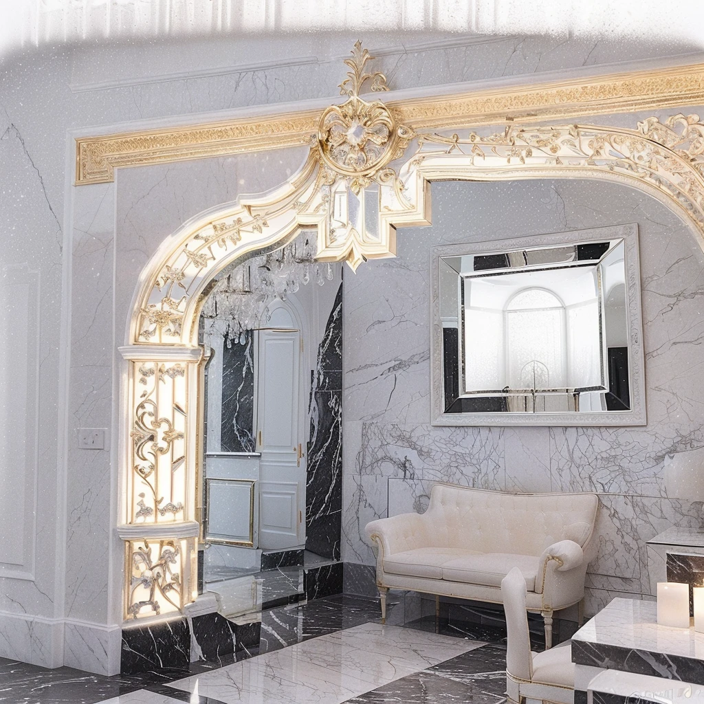 There is an 82cm x 25cm x 82cm MIRROR OF ENCHANTMENT CLASSIC on the wall which is the visual focus ,DIOR advertising style,furniture advertising graphic photography, Italian castle living room, stucco wall,Black and white marble floor、 Italian masterpiece, Great masterpiece,Elegant