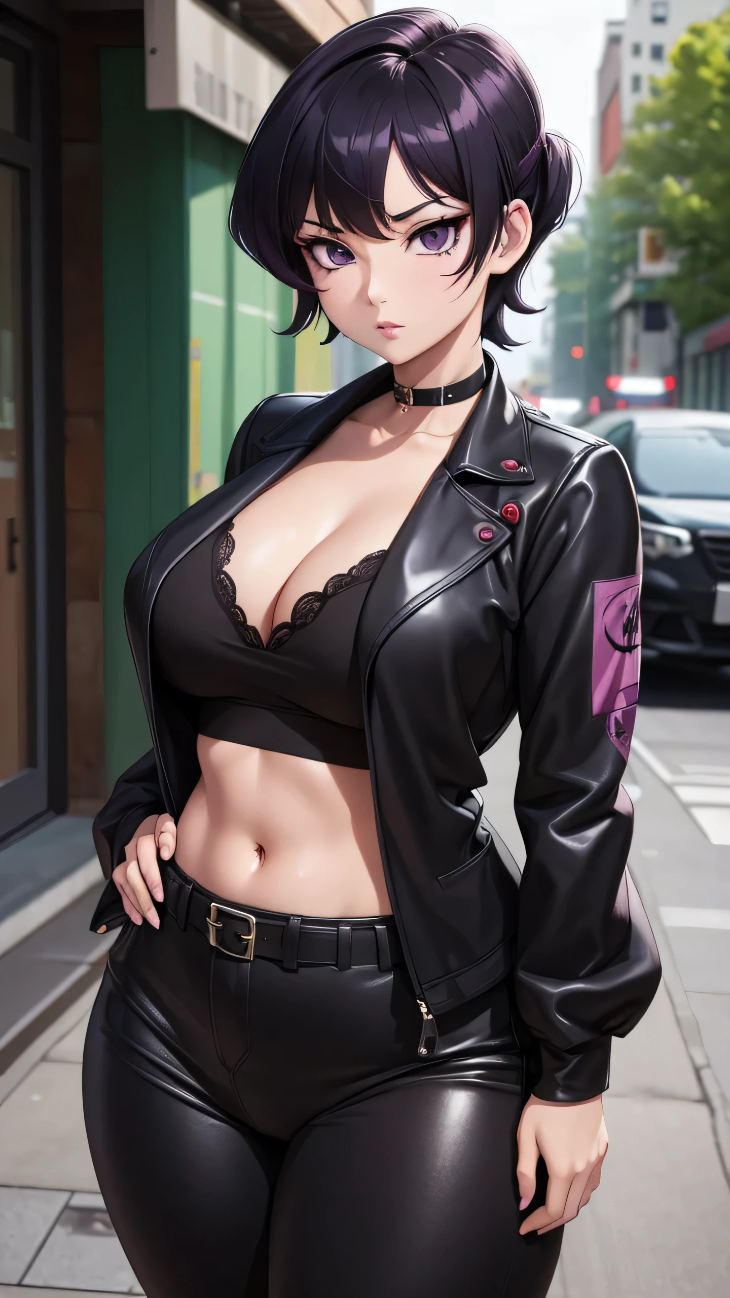 Komi Shuuko, a mature woman standing outside wearing street clothes, punk style outfit, seductive anime girl, violet eyes, dark purple eyes, beautiful punk anime girl, detailed digital anime art, anime goth girl, extremely detailed eyes, black hair, goth anime girl with black hair, black hair with red highlights, dark red highlights in hair, cleavage, stomach, beautiful anime girl, beautiful alluring anime woman, extremely detailed artgerm, 8k, guweiz, detailed hands, short length hair with red highlights, hair tied up, detailed face, two arms