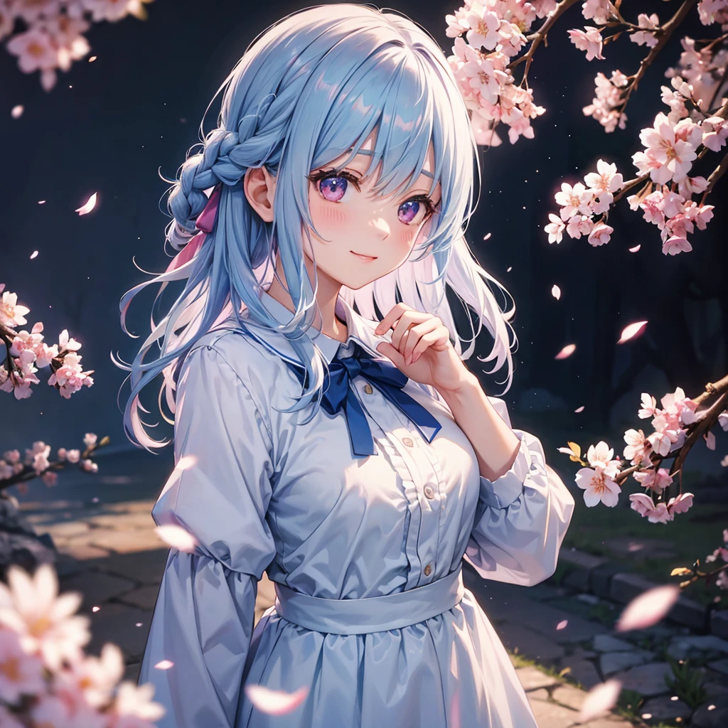 (Light Blue Medium Hair),(Braided Hair)、Pink Eyes、Fair skin、(whole body)、(uniform)、Cherry Blossoms at Night、Big smile、A dignified figure、alone、(masterpiece、Highest quality、Very detailed、Best Shadow)、(Detailed Background)、(Beautifully detailed face)、High Contrast、(Best lighting、Very delicate and beautiful)、((Cinematic Light))、colorful、Hyper Detail、Dramatic Light、Exquisite detail、
