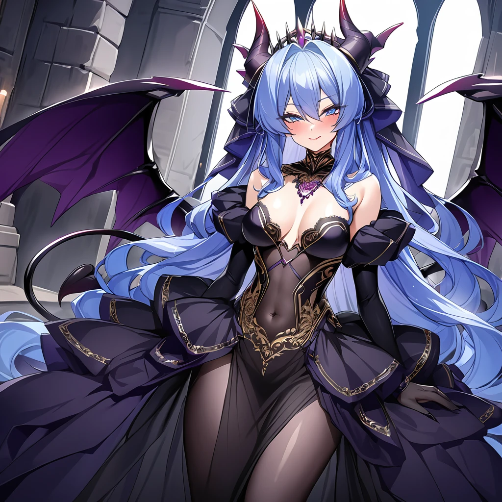 ((Highest quality)), ((masterpiece)), (detailed), （Perfect Face）、The woman was a beautiful, jet-black archdemon with jet-black skin, the evil queen, Devil Extia. She had medium-long blue hair, was wearing a gorgeous black wedding dress with gold embroidery and trim, a black wedding veil, an engagement ring, and gorgeous accessories. She was the elegant, beautiful archdemon queen.、A beautiful, jet-black-skinned demon with magnificent devil horns, devil wings, and a devil tail.
