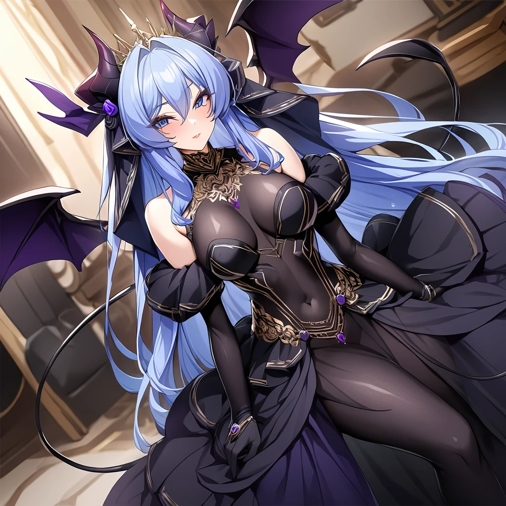 ((Highest quality)), ((masterpiece)), (detailed), (Perfect Face)、The woman was a beautiful, jet-black archdemon with jet-black skin, the evil queen, Devil Extia. She had medium-long blue hair, was wearing a gorgeous black wedding dress with gold embroidery and trim, a black wedding veil, an engagement ring, and gorgeous accessories. She was the elegant, beautiful archdemon queen.、A beautiful, jet-black-skinned demon with magnificent devil horns, devil wings, and a devil tail.