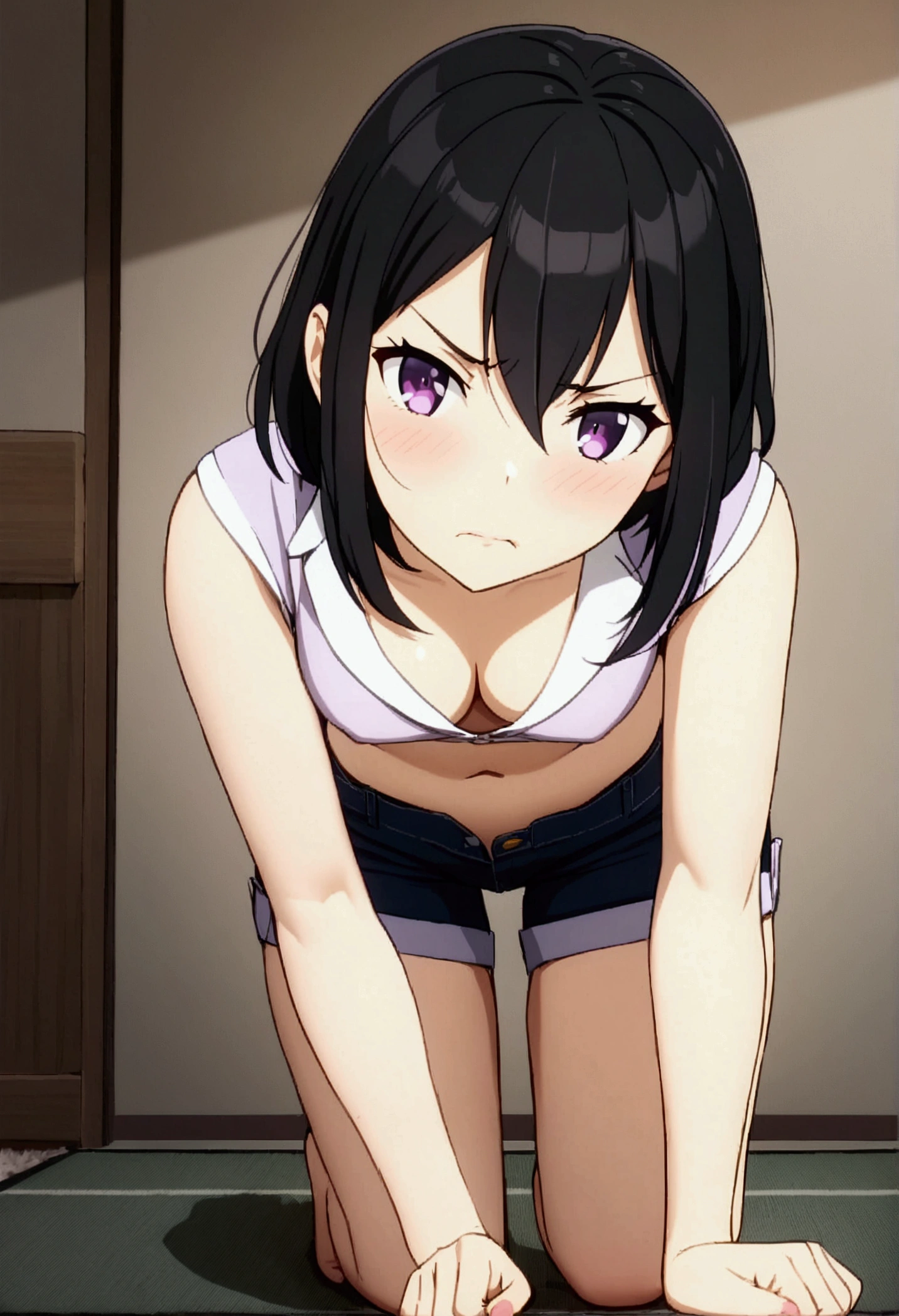 anime cloth capture, citys, 1 girl, standing alone, shorth hair, Bblack hair, purples eyes, gazing at viewer, hair between the eyes, Lewd, cloused mouth, in this, Broad Hips, short top, short shorts, unbuttoned shorts, squatting down, legs spread apart, erotism, rug,angry