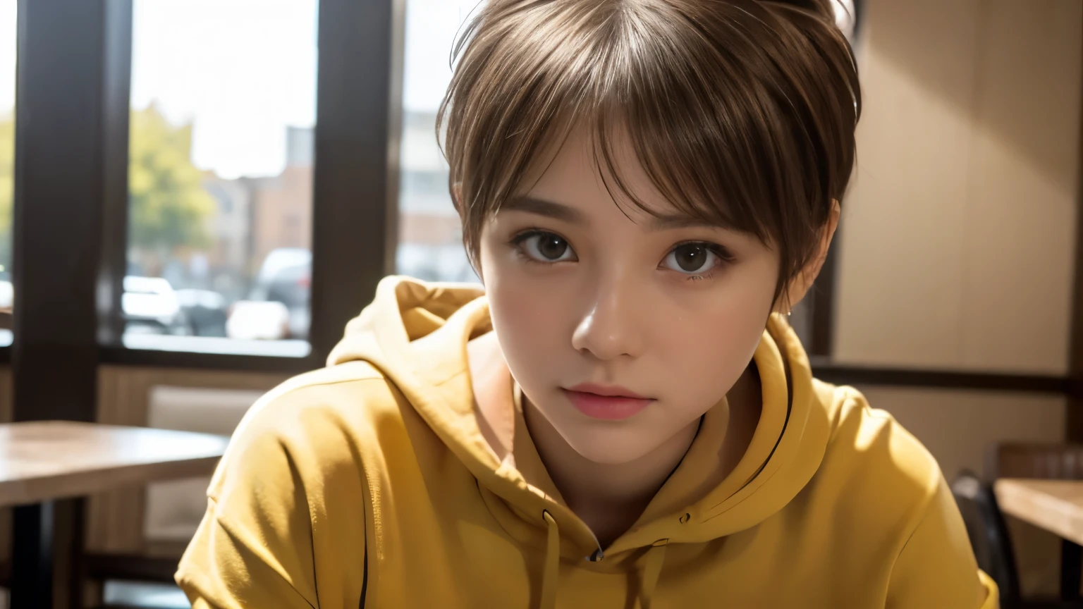 masterpiece, Highest quality, Very detailed, 8k, Realistic, One Girl, alone, Tomboy, Very detailed face, (head shot:1.5), Upper Body, Photographed inside the cafe, Light brown pixie cut hair, He is wearing a short black tank top and an open-zipped yellow hoodie.。.。., Reaching into the pocket of a hoodie