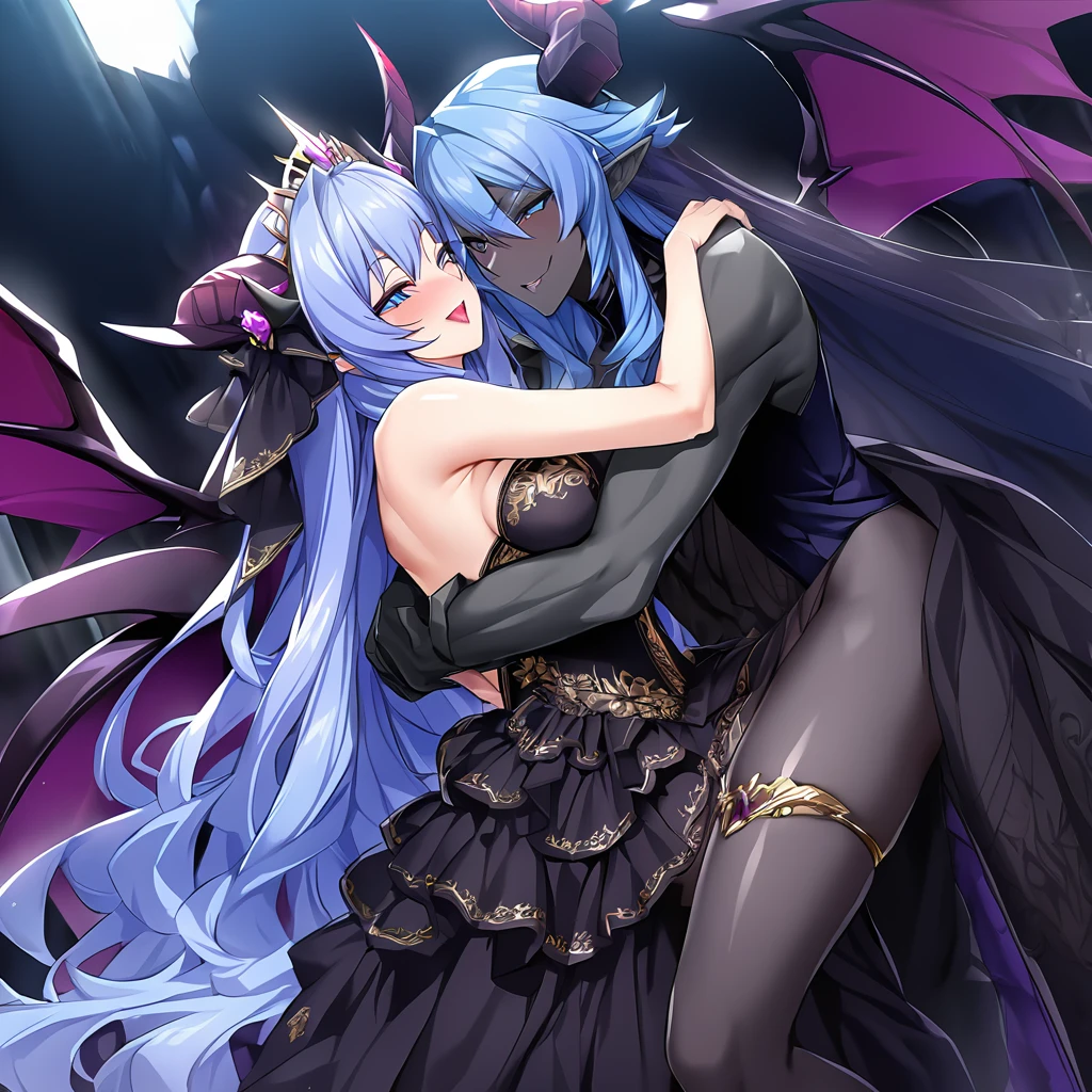 ((Highest quality)), ((masterpiece)), (detailed), (Perfect Face)、The woman is hugging, kissing and having sex with the great and powerful evil demon king man.、The woman is a beautiful, jet-black female demon, the queen of evil, Devil Extia, with jet-black skin, medium-long blue hair, wearing a luxurious black wedding dress with gold embroidery and trim, a black wedding veil, an engagement ring, and luxurious accessories. She is an elegant, beautiful female demon, the queen of evil.、A great demon with jet black skin, impressive devil horns, devil wings and a devil tail.、The woman looks happy、The man is a great and powerful demon king.、The woman is being loved and loved by the majestic demon king.