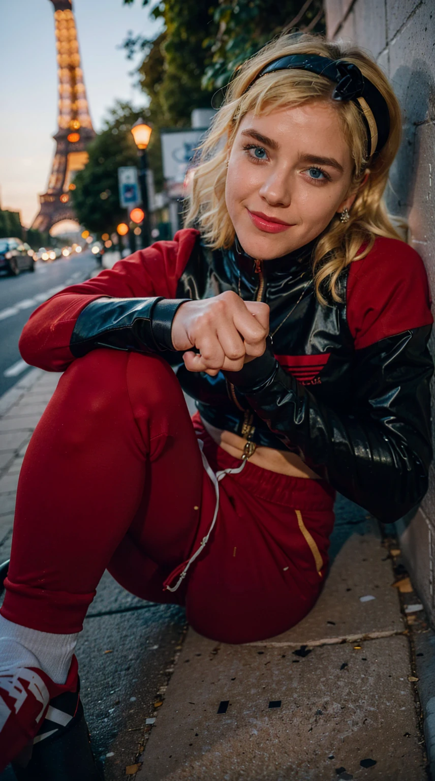 Masterpiece, Best quality, (solo girl), (close portrait), (photorealistic1.4), (epiCRealLife), (flashphoto), (UHD), (young woman), (blonde hair), (blue eyes), (Wondergirl_YJ latex black armor costume), (Wondergirl_YJ black hairband) (long red Wondergirl_YJ sweat pants), (Wondergirl_YJ black costume) (, (outdoor ), (Paris Street), (Eifel Tower), (red Adidas jogging pants), (Kiernan Shipka smile),(sks woman), (fighting poses)