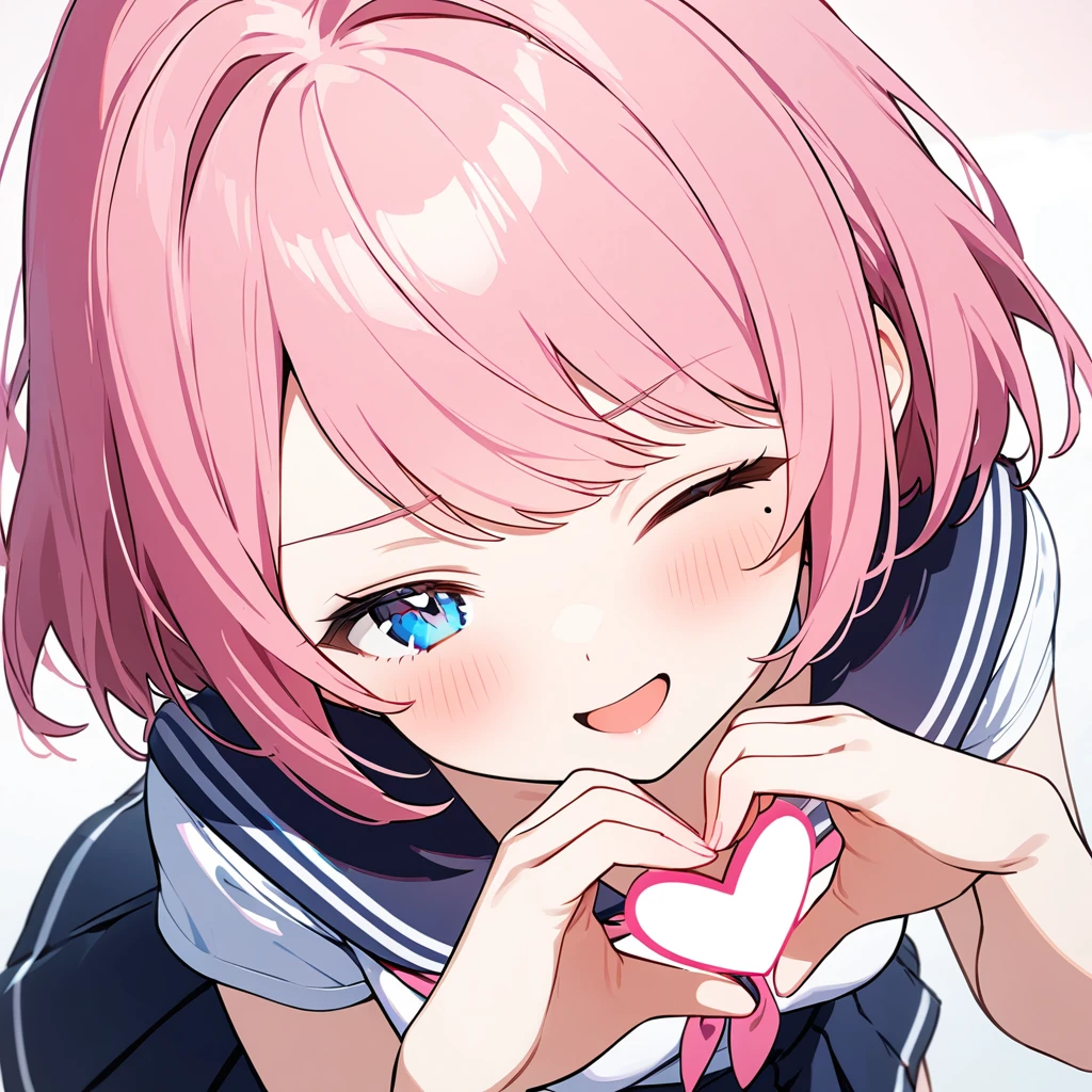 (1 girl),(Best Picture Quality, 8K, Masterpiece:1.3),(high school student:1.5), ((pink lob hair:1.1)), (bob cut),(swept bangs),BREAK, (cute eyes, pupil black, iris skyblue, youthful face), (mole under right eye), (standard weight), (small breasts),(big hip), (glistening skin:1.1),(pale skin:1.2),BREAK, ((serafuku, white sailor short sleeve simple shirt, darkblue skirt, darkblue sailor collar, pink ribbon)),BREAK,(heart hands),(wink, one eye closed),(from above),(portrait),(happy).