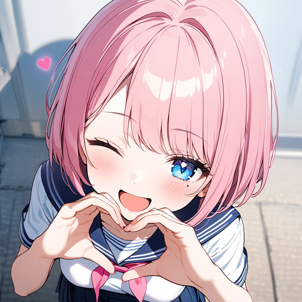 (1 girl),(Best Picture Quality, 8K, Masterpiece:1.3),(high school student:1.5), ((pink lob hair:1.1)), (bob cut),(swept bangs),BREAK, (cute eyes, pupil black, iris skyblue, youthful face), (mole under right eye), (standard weight), (small breasts),(big hip), (glistening skin:1.1),(pale skin:1.2),BREAK, ((serafuku, white sailor short sleeve simple shirt, darkblue skirt, darkblue sailor collar, pink ribbon)),BREAK,(heart hands),(wink, one eye closed),(from above),(portrait),(happy).